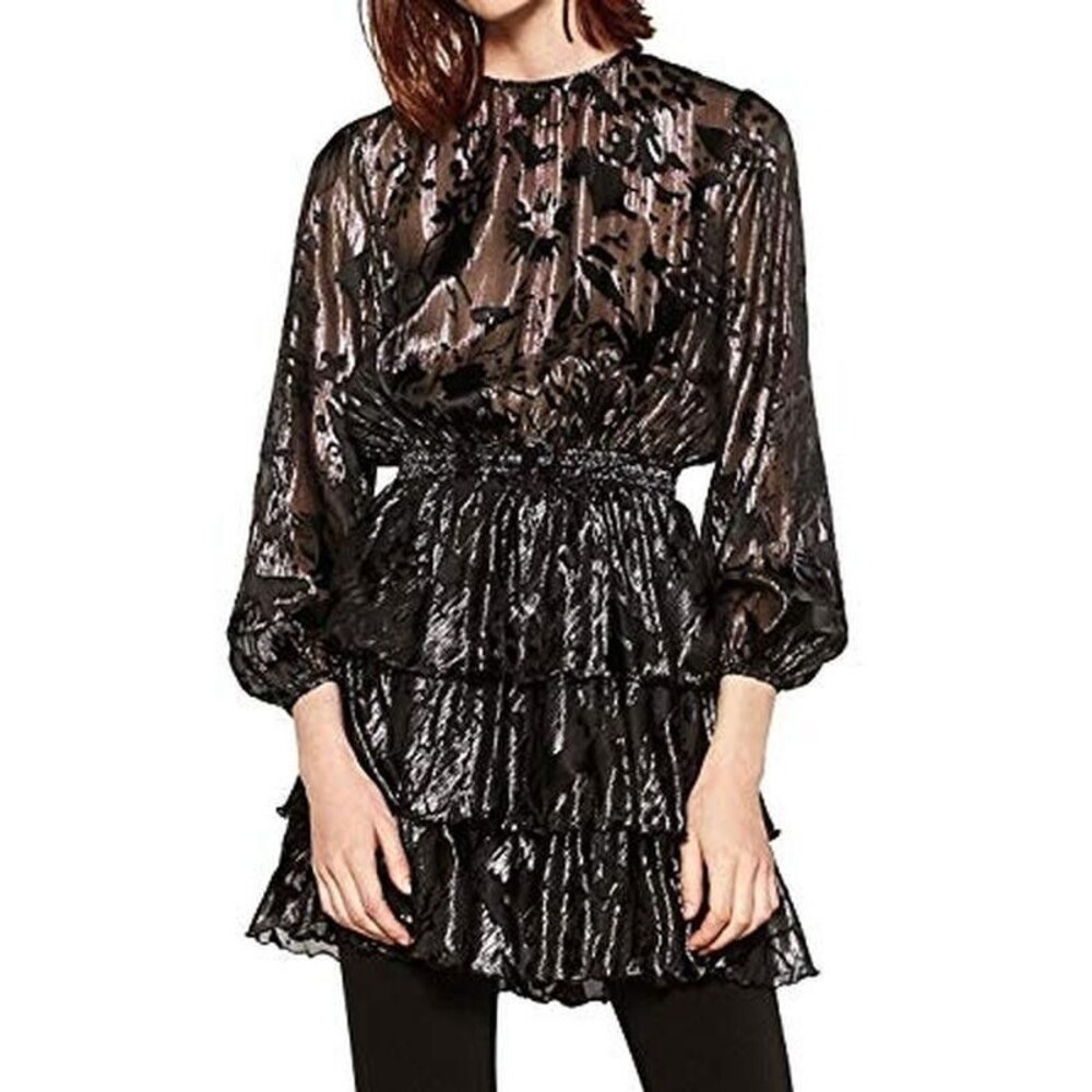 Zara Woman Small Floral Burnout Mini Dress Black Metallic Tiered Ruffled Chiffon
